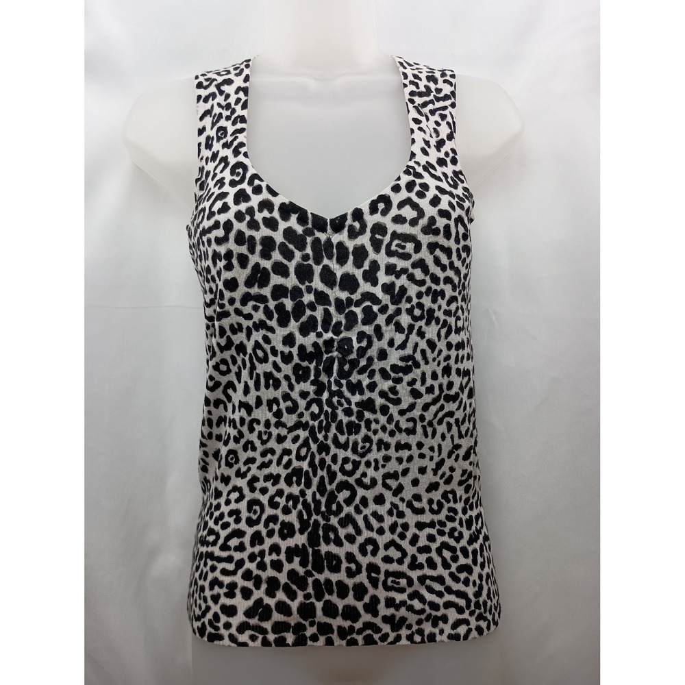 White House Black Market animal Leopard Print V-Neck Tank Top Black White Small